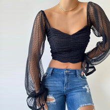 Load image into Gallery viewer, NewAsia Polka Dot Blouse Women Mesh Shirts Pink Tops Sweetheart Neckline Lantern Sleeve Ruched Blouse White Blusas Vintage Shirt
