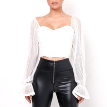 Load image into Gallery viewer, NewAsia Polka Dot Blouse Women Mesh Shirts Pink Tops Sweetheart Neckline Lantern Sleeve Ruched Blouse White Blusas Vintage Shirt