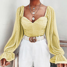 Load image into Gallery viewer, NewAsia Polka Dot Blouse Women Mesh Shirts Pink Tops Sweetheart Neckline Lantern Sleeve Ruched Blouse White Blusas Vintage Shirt
