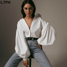 Load image into Gallery viewer, Hot sale 2021 Autumn New women blouses Lantern Sleeves lapel Streetwear fashion Casual wild Loose Slim button simple Solid shirt