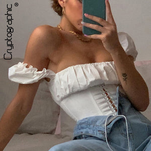 Cryptographic Off Shoulder Fashion Lace Up Shirts Blouse Blouse Women White Crop Tops Blouses Clothes Vintage Tie Front Tops