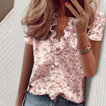 Load image into Gallery viewer, Elegant New Daisy Pineapple Print Ruffle blouse shirts Office Lady 2020 Summer Short Sleeve Slim Blouses women Sexy V-neck tops
