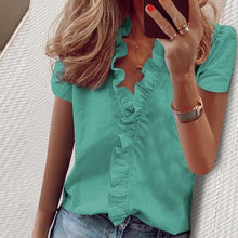 Load image into Gallery viewer, Elegant New Daisy Pineapple Print Ruffle blouse shirts Office Lady 2020 Summer Short Sleeve Slim Blouses women Sexy V-neck tops
