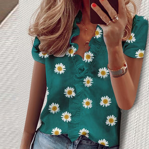 Elegant New Daisy Pineapple Print Ruffle blouse shirts Office Lady 2020 Summer Short Sleeve Slim Blouses women Sexy V-neck tops