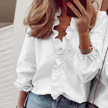 Load image into Gallery viewer, Elegant New Daisy Pineapple Print Ruffle blouse shirts Office Lady 2020 Summer Short Sleeve Slim Blouses women Sexy V-neck tops
