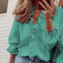 Load image into Gallery viewer, Elegant New Daisy Pineapple Print Ruffle blouse shirts Office Lady 2020 Summer Short Sleeve Slim Blouses women Sexy V-neck tops
