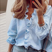 Load image into Gallery viewer, Elegant New Daisy Pineapple Print Ruffle blouse shirts Office Lady 2020 Summer Short Sleeve Slim Blouses women Sexy V-neck tops
