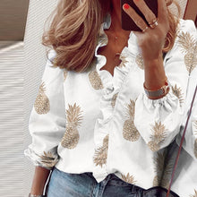 Load image into Gallery viewer, Elegant New Daisy Pineapple Print Ruffle blouse shirts Office Lady 2020 Summer Short Sleeve Slim Blouses women Sexy V-neck tops
