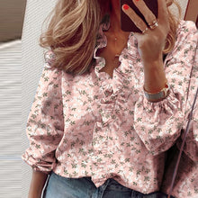 Load image into Gallery viewer, Elegant New Daisy Pineapple Print Ruffle blouse shirts Office Lady 2020 Summer Short Sleeve Slim Blouses women Sexy V-neck tops
