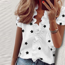 Load image into Gallery viewer, Elegant New Daisy Pineapple Print Ruffle blouse shirts Office Lady 2020 Summer Short Sleeve Slim Blouses women Sexy V-neck tops
