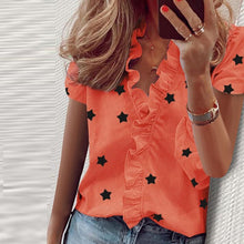 Load image into Gallery viewer, Elegant New Daisy Pineapple Print Ruffle blouse shirts Office Lady 2020 Summer Short Sleeve Slim Blouses women Sexy V-neck tops
