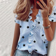 Load image into Gallery viewer, Elegant New Daisy Pineapple Print Ruffle blouse shirts Office Lady 2020 Summer Short Sleeve Slim Blouses women Sexy V-neck tops
