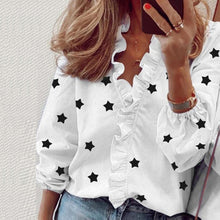 Load image into Gallery viewer, Elegant New Daisy Pineapple Print Ruffle blouse shirts Office Lady 2020 Summer Short Sleeve Slim Blouses women Sexy V-neck tops
