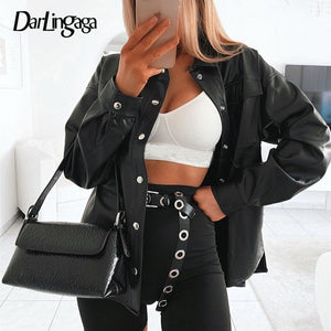 Darlingaga Streetwear Black PU Leather Blouse Women Cardigan Buttons Fashion Women's Shirt Top Long Sleeve Solid Leather Blouses