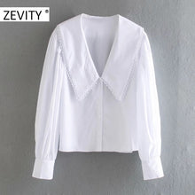 Load image into Gallery viewer, ZEVITY women sweet peter pan collar lace stitching casual poplin blouse shirts women puff sleeve white chemise chic tops LS7201
