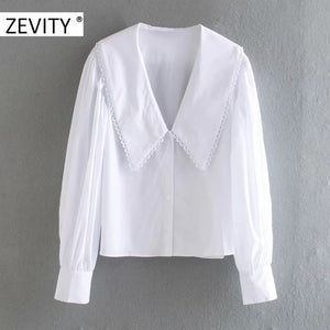 ZEVITY women sweet peter pan collar lace stitching casual poplin blouse shirts women puff sleeve white chemise chic tops LS7201