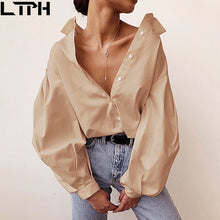 Load image into Gallery viewer, Hot sale 2021 Autumn New women blouses Lantern Sleeves lapel Streetwear fashion Casual wild Loose Slim button simple Solid shirt
