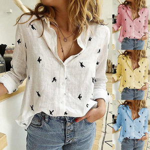 Women's Birds Print Shirts 35% Cotton Long Sleeve Female Tops 2021 Spring Summer Loose Casual Office Ladies Shirt Plus Size 5XL