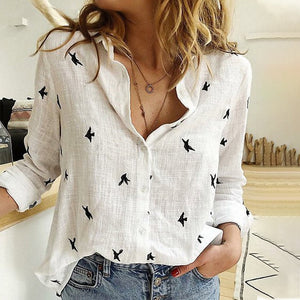 Women's Birds Print Shirts 35% Cotton Long Sleeve Female Tops 2021 Spring Summer Loose Casual Office Ladies Shirt Plus Size 5XL